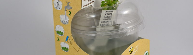Kiełkownica biodegradowalna w opakowaniu: zestaw naczynie z tworzywa i 2 opakowania nasion rzodkiewki