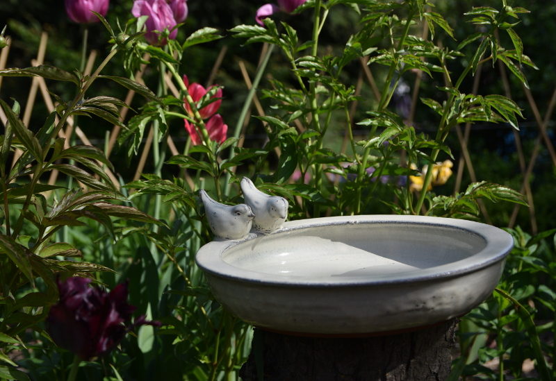 Poidełko dla ptaszków ceramiczne białe z ozdobami